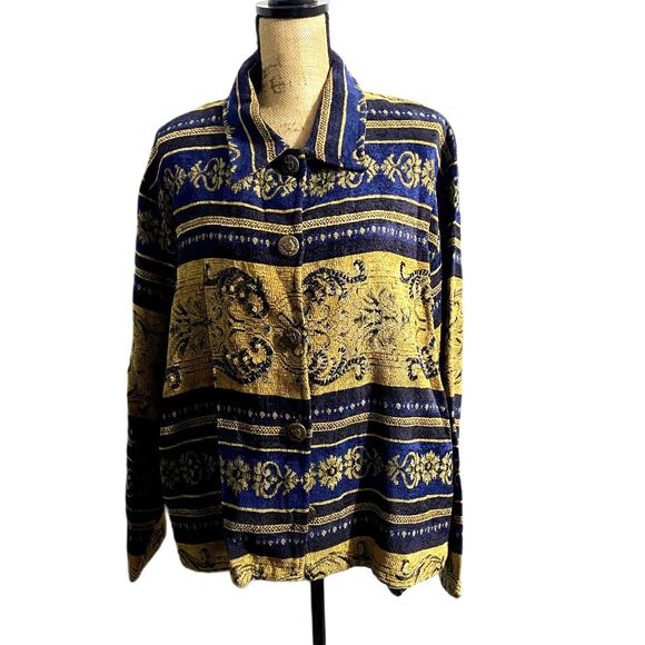 Vintage Tantrums Tapestry Jacket Crest Button Brocade Beaded Navy‎ Gold Size XL - Picture 1 of 4